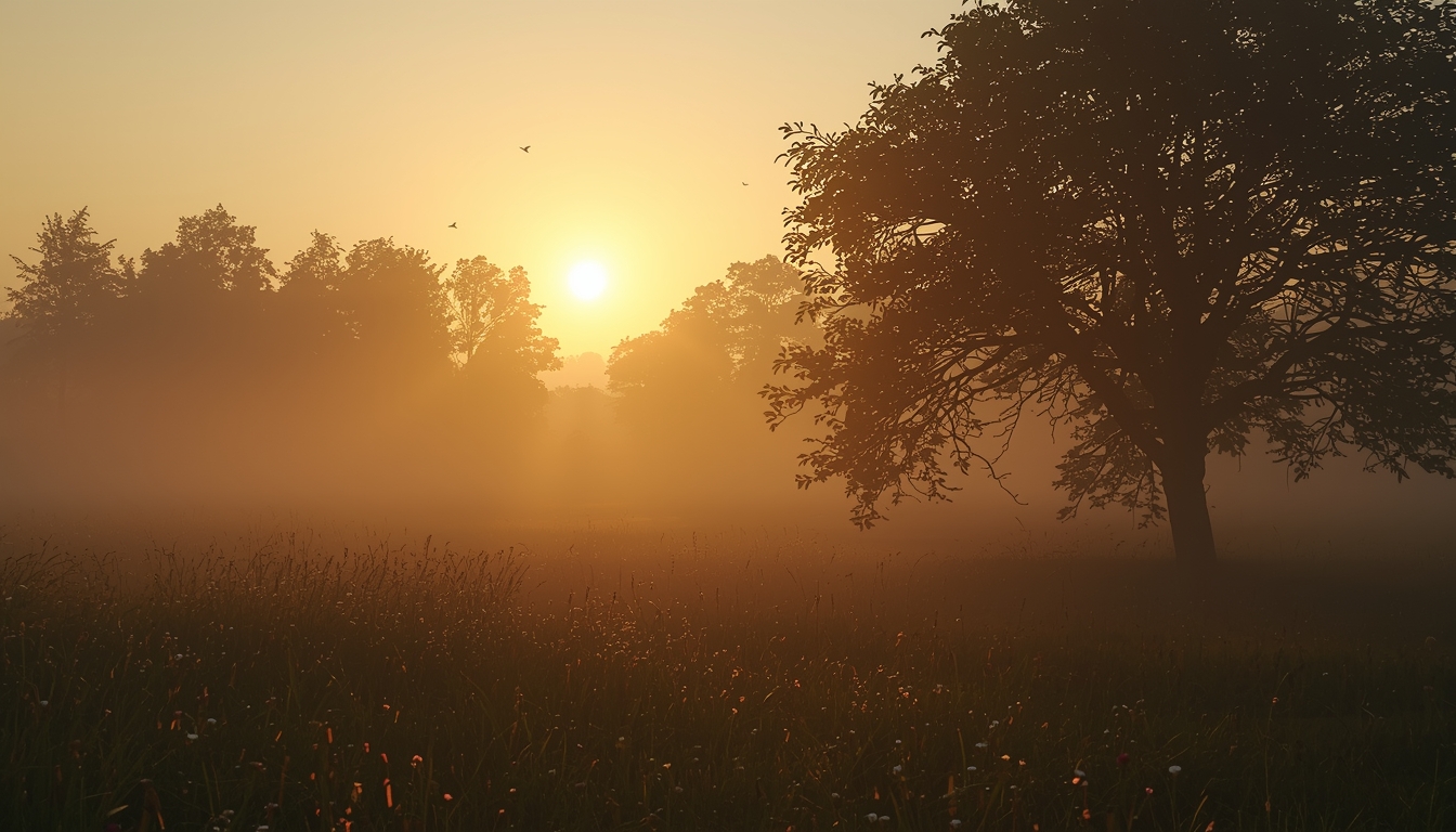 Peaceful morning scene representing a structured morning routine with sunrise and calm atmosphere